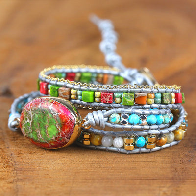 Pulsera Vintage de Cuero Tejido con Cristales Naturales - Image 6