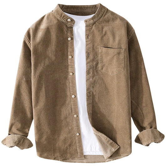 Camisa Retro de Pana para Hombre con Cuello Mao de Manga Larga - Image 5