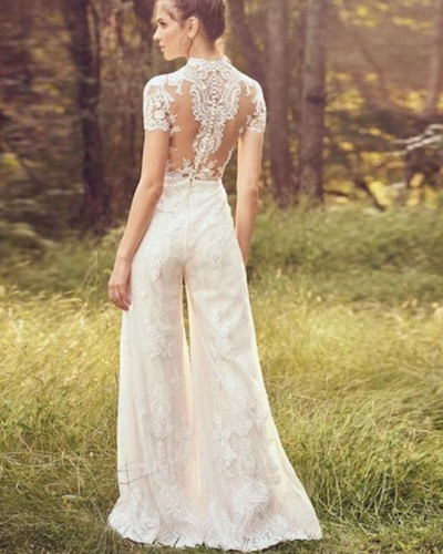 Traje Jumpsuit de Novia Elegante Manga Corta - Image 4