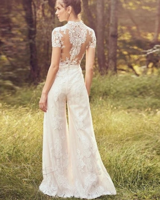 Traje Jumpsuit de Novia Elegante Manga Corta - Image 4