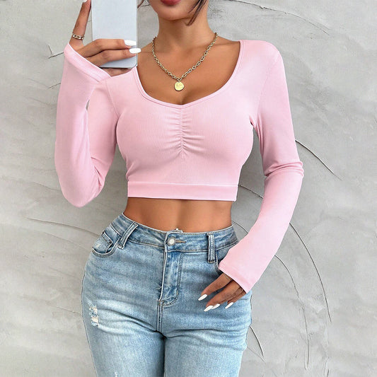 Playera Ajustada de Cuello Redondo Dulce y Picante - Manga Larga Otoño Invierno
