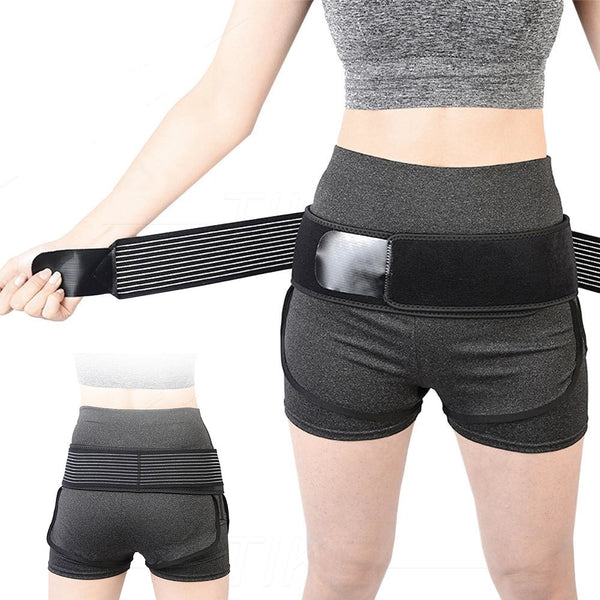 Black adjustable retractable hip lifter correction support belt, folded on a white background.