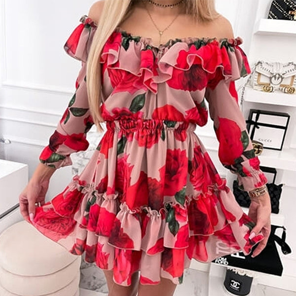 Vestido Asimétrico Estampado con Detalle de Volante