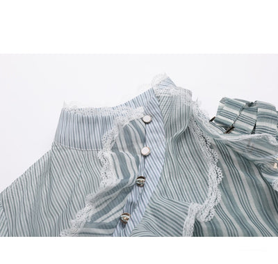 Blusa Corta Mujer Primavera Verde Rayas Organza Transparente Cuello Alto Patchwork Sexy - Image 3