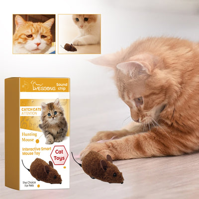 Brown interactive mouse toy for cats with a sound chip, shown in packaging with a kitten graphic and as a standalone toy.