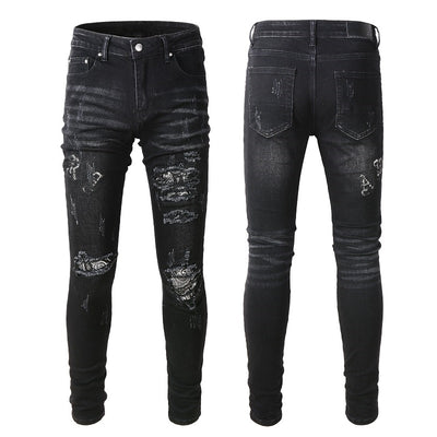 Jeans Rotos para Hombre con Parche Estampado de Flor de Marañón Negro - Image 16