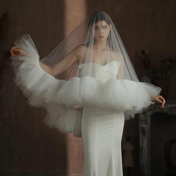 Velo Nupcial Voluminoso de Doble Capa - Blanco Elegante para Sesiones Fotográficas