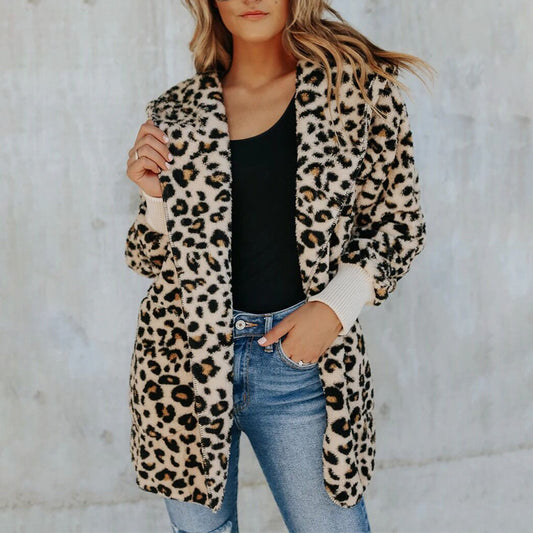 Abrigo Ajustado Estampado Leopardo con Capucha para Mujer