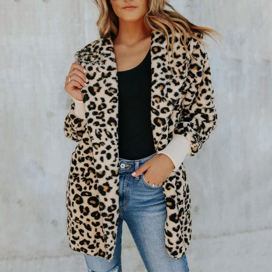 Abrigo Ajustado Estampado Leopardo con Capucha para Mujer