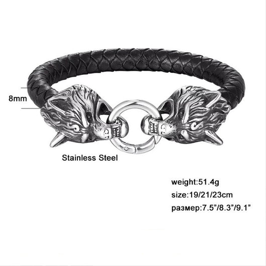 Pulsera de Cuero con Cabeza de Lobo en Acero Titanio para Hombre - Image 3