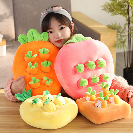 Orange plush carrot-shaped pet toy with four smaller removable carrots, featuring green tops and embroidered sleepy eyes. - Image 12