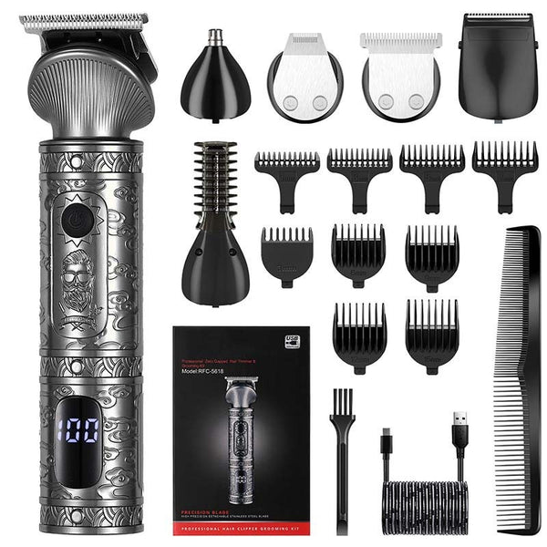 Gold retro carved electric hair clipper grooming kit with multiple trimmer heads, guide combs, cleaning brush, and USB cable. - Image 4