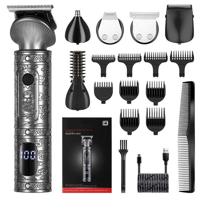 Gold retro carved electric hair clipper grooming kit with multiple trimmer heads, guide combs, cleaning brush, and USB cable. - Image 4