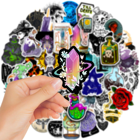 50 waterproof PVC stickers featuring occult, witchy, and mystical designs, including a prominent sun and moon face. - Image 5