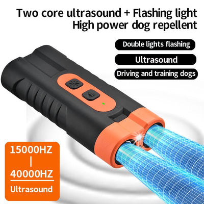 Black and orange handheld ultrasonic dog repellent with two sound emitters and two control buttons. - Image 4
