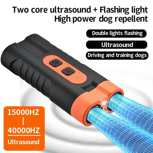 Black and orange handheld ultrasonic dog repellent with two sound emitters and two control buttons. - Image 4