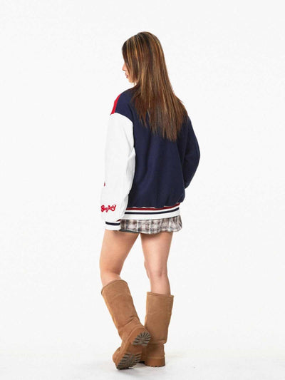 Chaqueta de Béisbol Retro con Parches de Contraste - Estilo Vintage Americano - Image 4