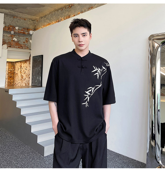Camisa de Manga Corta con Bordado de Hojas de Bambú para Hombre - Image 14