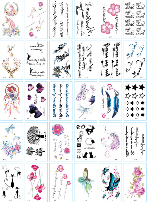 Set of 30 temporary tattoo stickers featuring pink and purple butterflies, flowers, bunnies, and moon designs. - Image 32