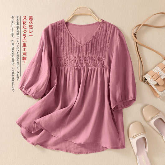 Blusa Suelta de Algodón y Lino con Cuello V - Image 9