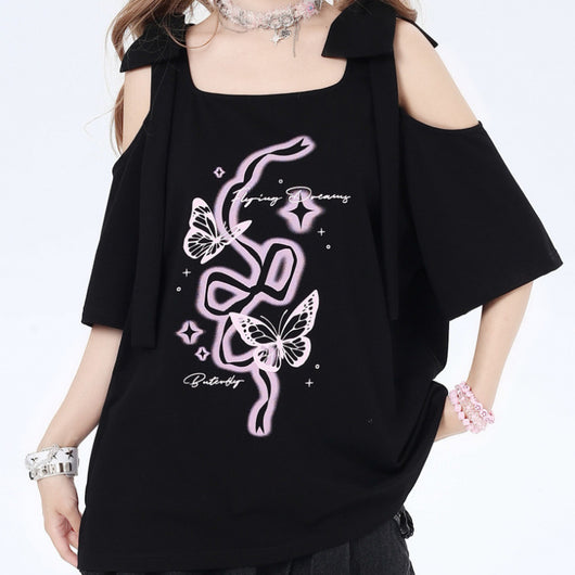 Blusa Hombros Descubiertos con Lazo Estampado Manga Corta - Image 7