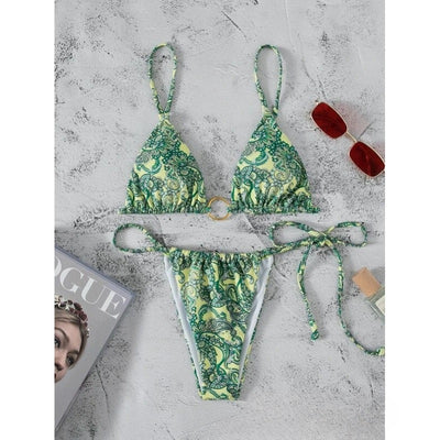 Green and yellow paisley print two-piece bikini swimsuit with a triangle top and tie-side thong bottom. - Image 7