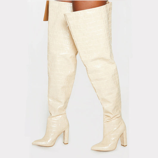 Botas Over-the-Knee con Tacón Grueso y Patrón Cocodrilo para Mujer - Image 3