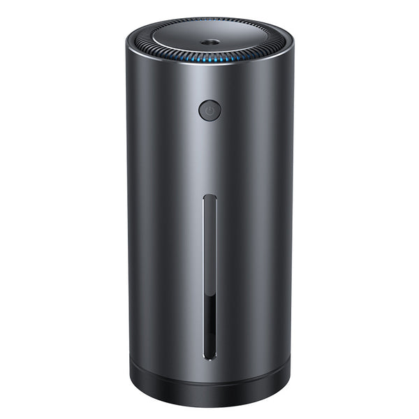 Dark gray cylindrical vehicle-mounted humidifier with a power button, mist outlet, and water level indicator. - Image 3