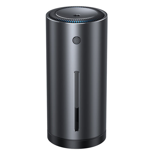 Dark gray cylindrical vehicle-mounted humidifier with a power button, mist outlet, and water level indicator. - Image 3