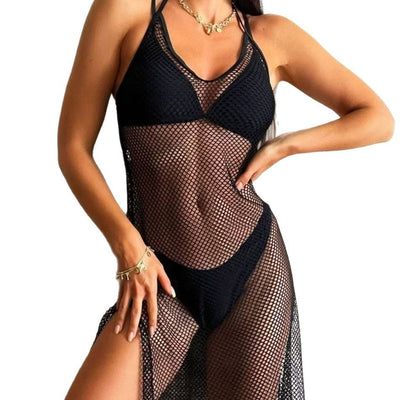 Black mesh see-through halter bikini beach dress with a side slit, worn over a black bikini. - Image 4