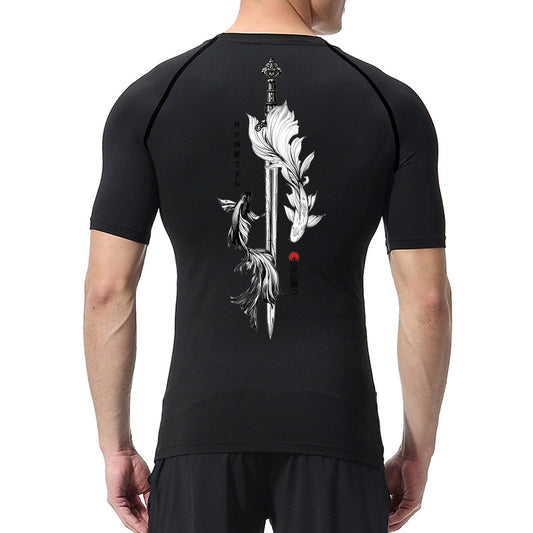 Playera de Compresión Estampado Espada Manga Corta Verano Hombre