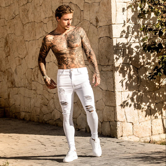 Jeans Slim Rotos de Cintura Alta para Hombre - Estilo Europeo y Americano en Negro - Image 2