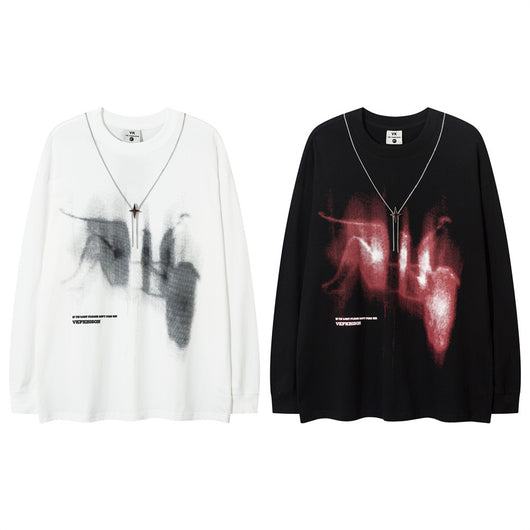 Camiseta Manga Larga Hombre Figura Abstracta Depresiva con Collar Metal Street Fashion