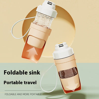 White 2-in-1 travel dog water bottle and food dispenser with a clear compartment and gray lanyard for pets. - Image 11