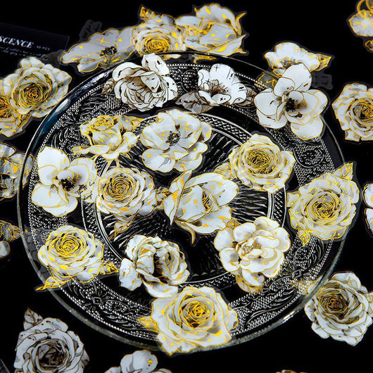 Set of 30 white and cream flower stickers, 55x55mm, featuring various chrysanthemum designs with a bronzing effect. - Image 8