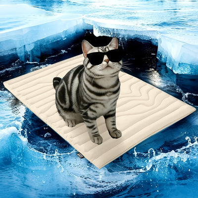 Golden retriever wearing sunglasses on a light gray quilted pet cooling mat, floating on icy blue water. - Image 4