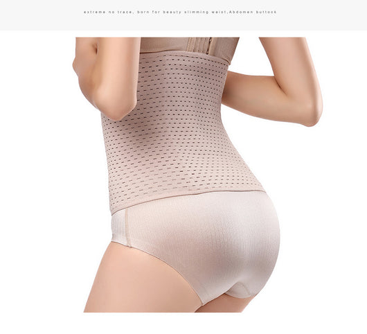 Beige ladies' postpartum tummy tuck body shaper with multiple hook-and-eye closures and a perforated design. - Image 15
