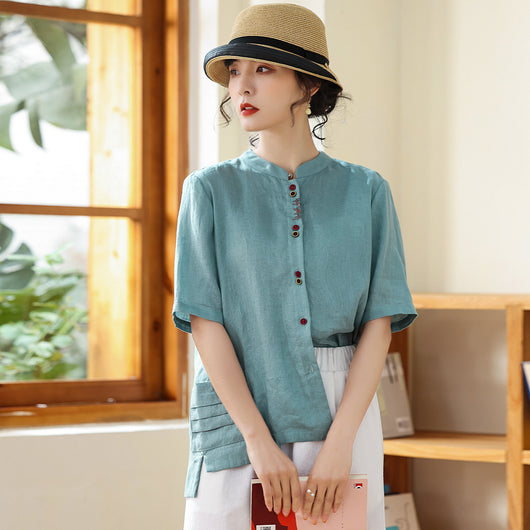 Blusa Vintage de Lino con Cuello Parado para Mujer - Image 15
