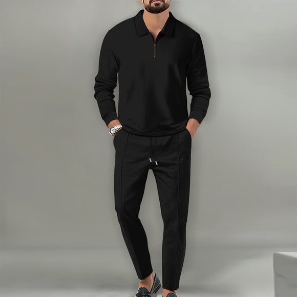 Men's Waffle Texture Long Pants Suit with Zipper