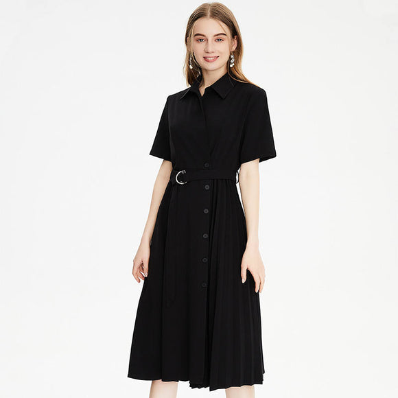 Vestido Camisero con Pliegues Irregulares y Cuello Clásico