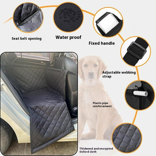 Golden retriever in a dark grey quilted pet car seat, secured in the back seat of a car. - Image 11