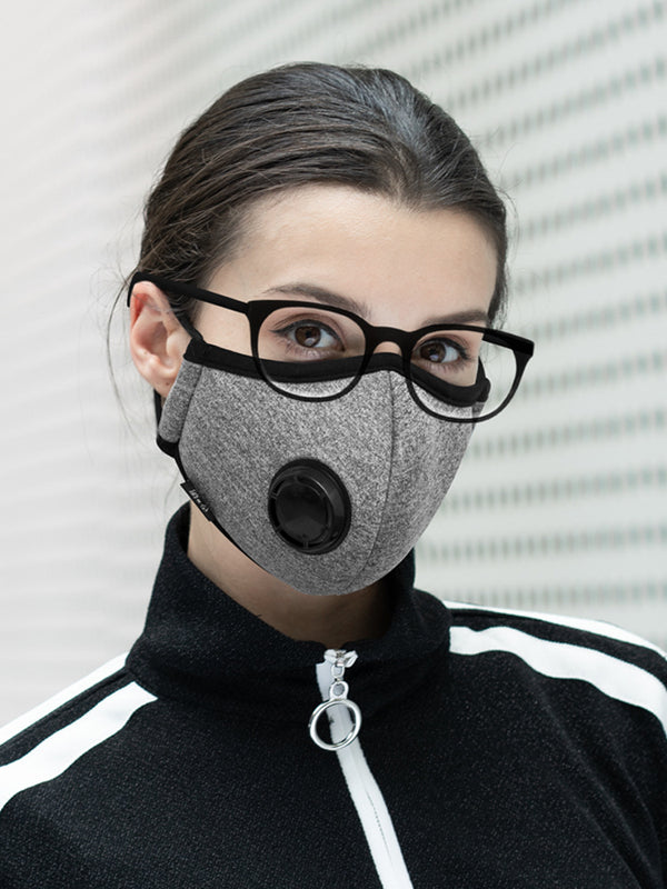 Man wearing a black knitted anti-fog face mask with an exhalation valve, black-rimmed glasses, and a dark grey shirt. - Image 3