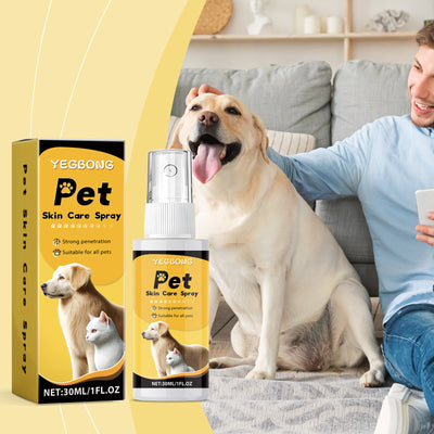 YEGBONG Pet Skin Care Spray, 30ml bottle and box, featuring a golden retriever and white cat.