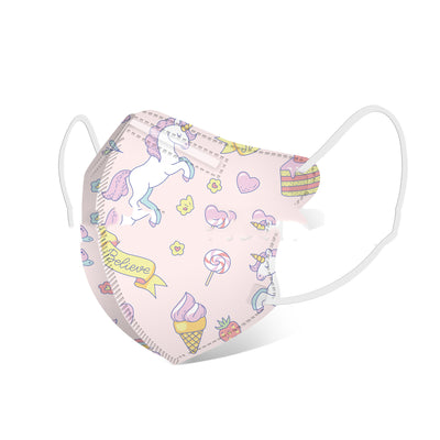 White children's 3D protective mask with a cartoon pattern of pink bears, blue cats, and trees, featuring ear loops. - Image 35