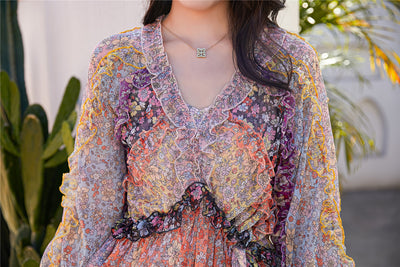 Vestido Largo Floral con Cintura Ajustada y Mangas Farol - Image 22