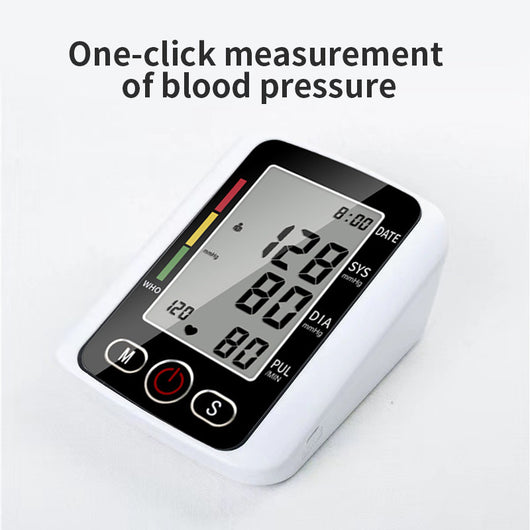White electronic arm blood pressure monitor with large digital display and dark blue cuff, next to its product box. - Image 4