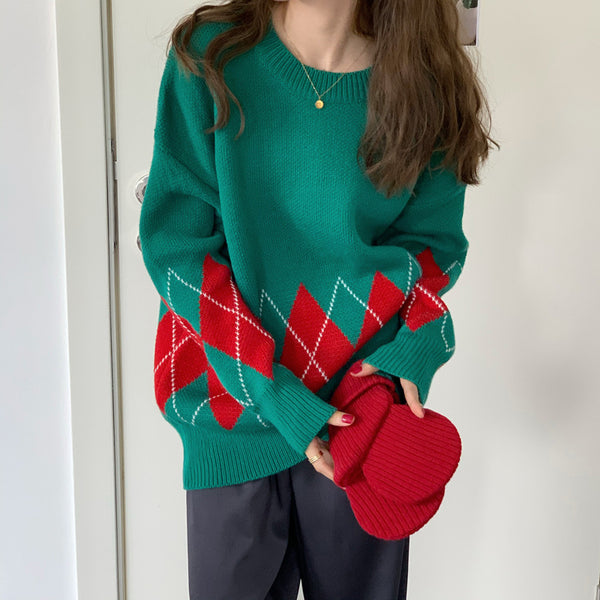 Suéter Navideño Rojo Rombo Contraste Acolchado para Amigas - Pullover Retro Otoño Invierno
