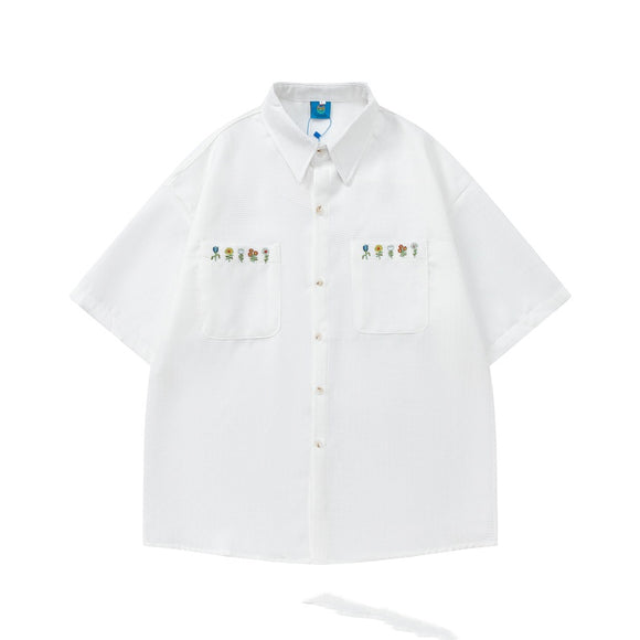 Camisa a Cuadros Bordada Suelta para Parejas - Diseño Versátil