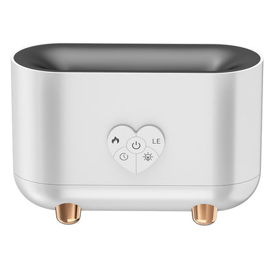 Black flame effect humidifier with a heart-shaped control panel, featuring power, timer, and light functions, on rose gold feet. - Image 13