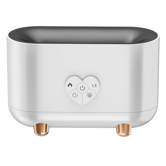 Black flame effect humidifier with a heart-shaped control panel, featuring power, timer, and light functions, on rose gold feet. - Image 13